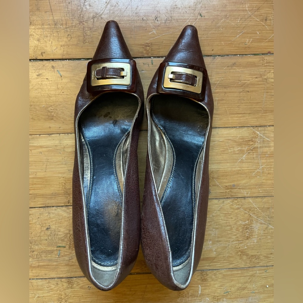 Prada Soft Luxe Buckle Moro Brown Leather Kitten Heels